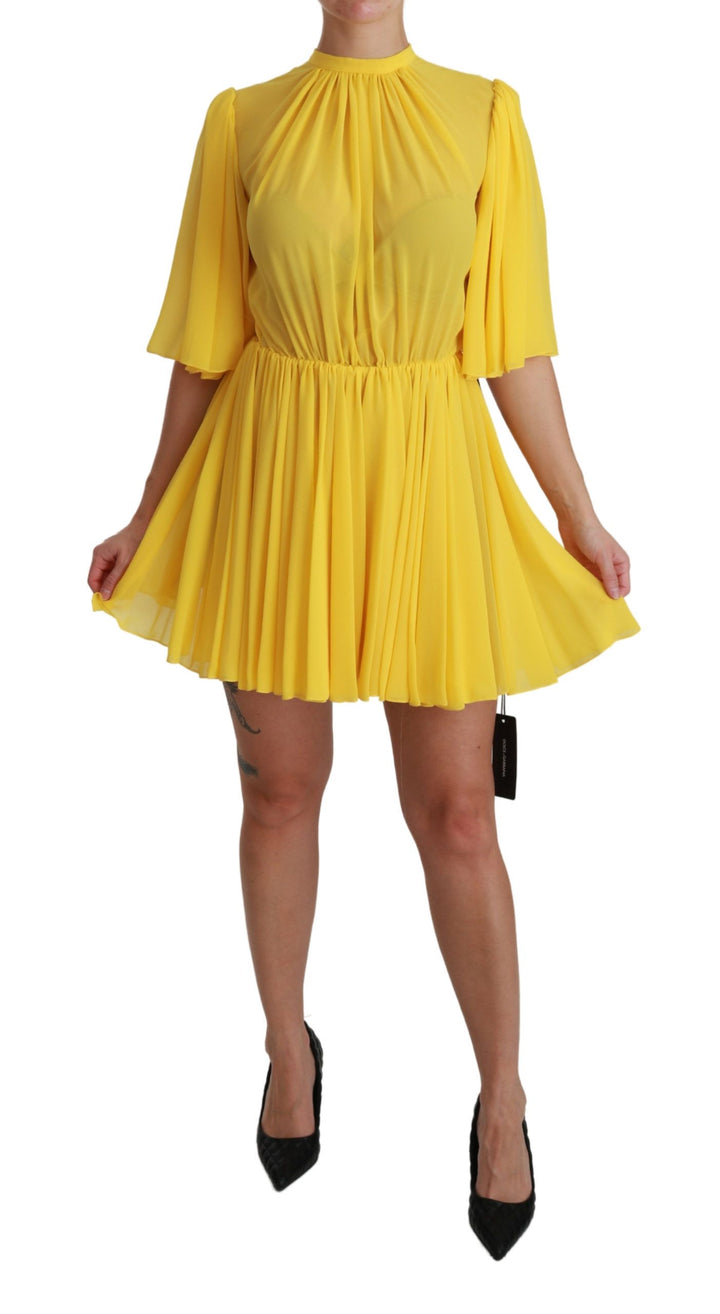 Gelbes plissiertes Minikleid in A-Linie aus 100% Seide
