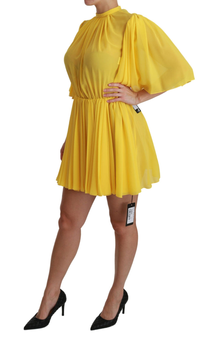 Gelbes plissiertes Minikleid in A-Linie aus 100% Seide