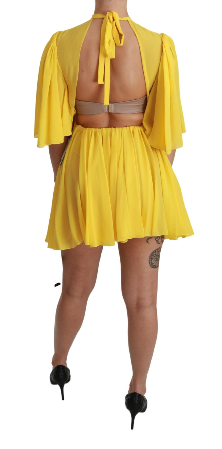 Gelbes plissiertes Minikleid in A-Linie aus 100% Seide