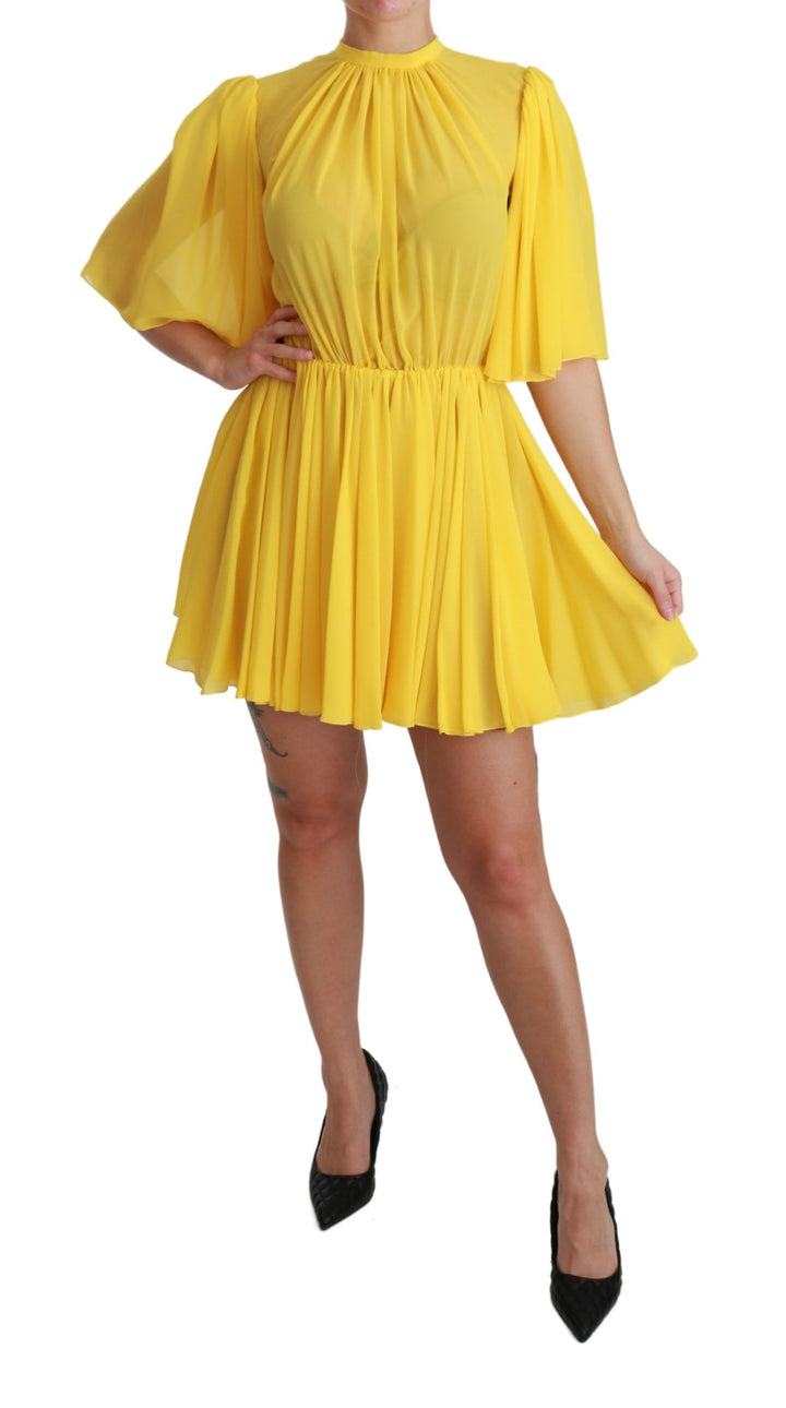 Gelbes plissiertes Minikleid in A-Linie aus 100% Seide