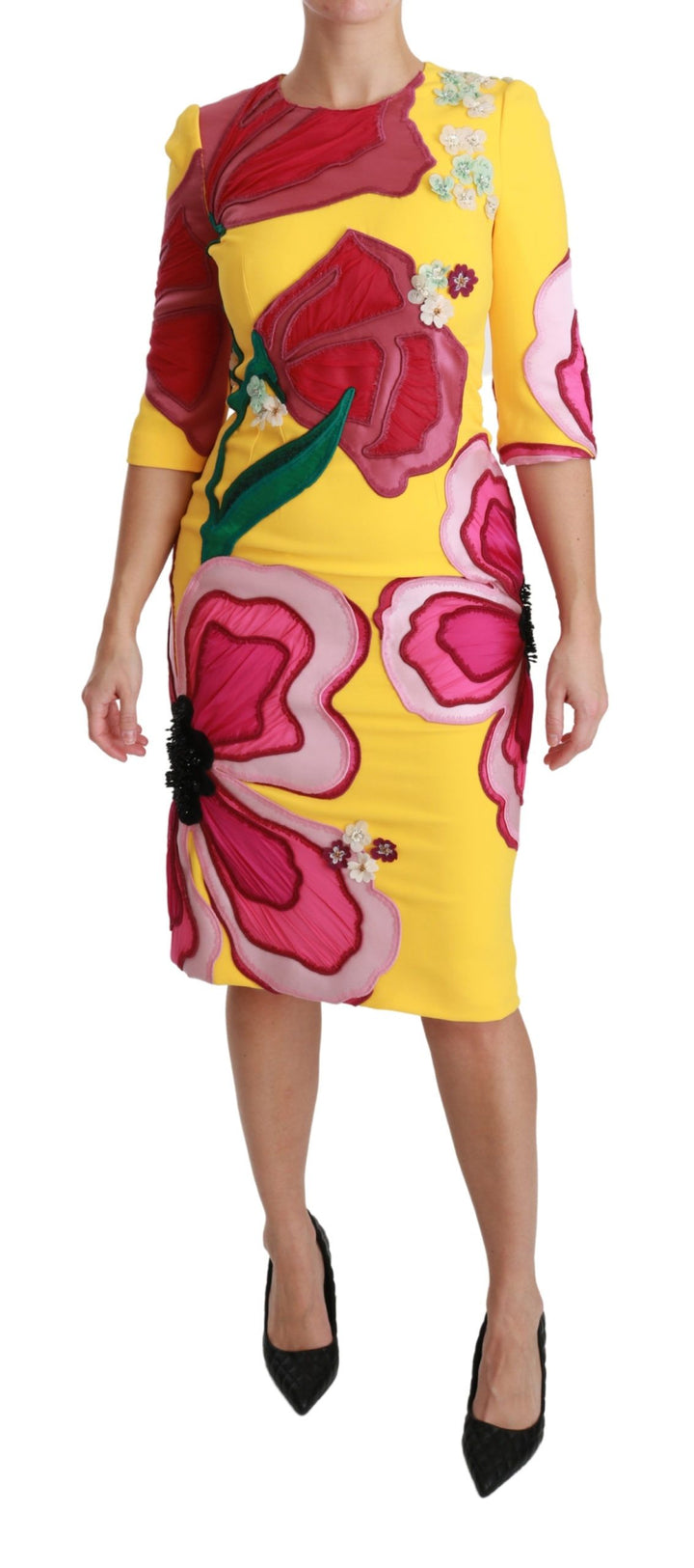 Gelbes geblümtes Crystal Bodycon Etuikleid
