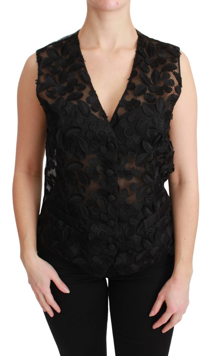 Elegant floral vest made of black silk blend