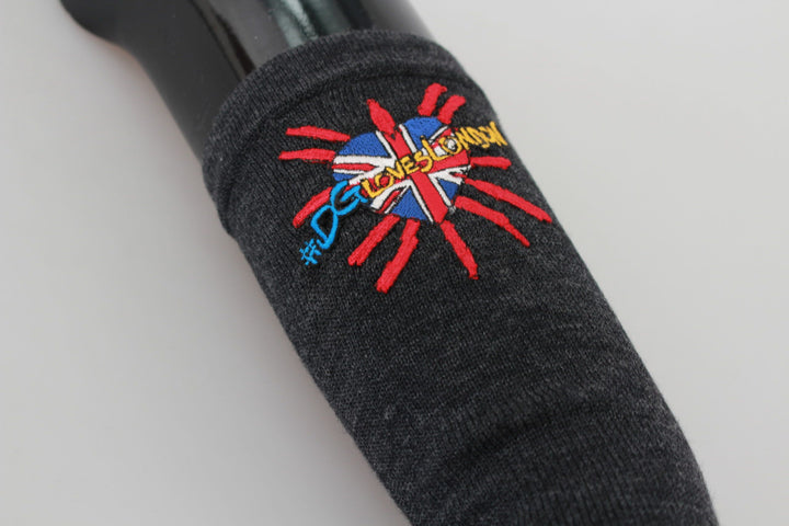 Graue #DGLovesLondon Bestickte Schurwollhandschuhe