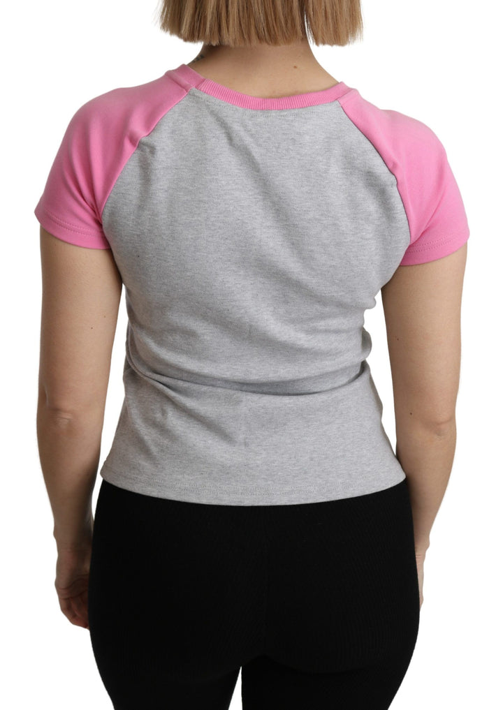 Chic grey cotton T-shirt with round neck and pink accents