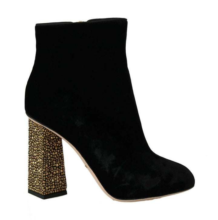 Elegant velvet ankle boots with crystal heels