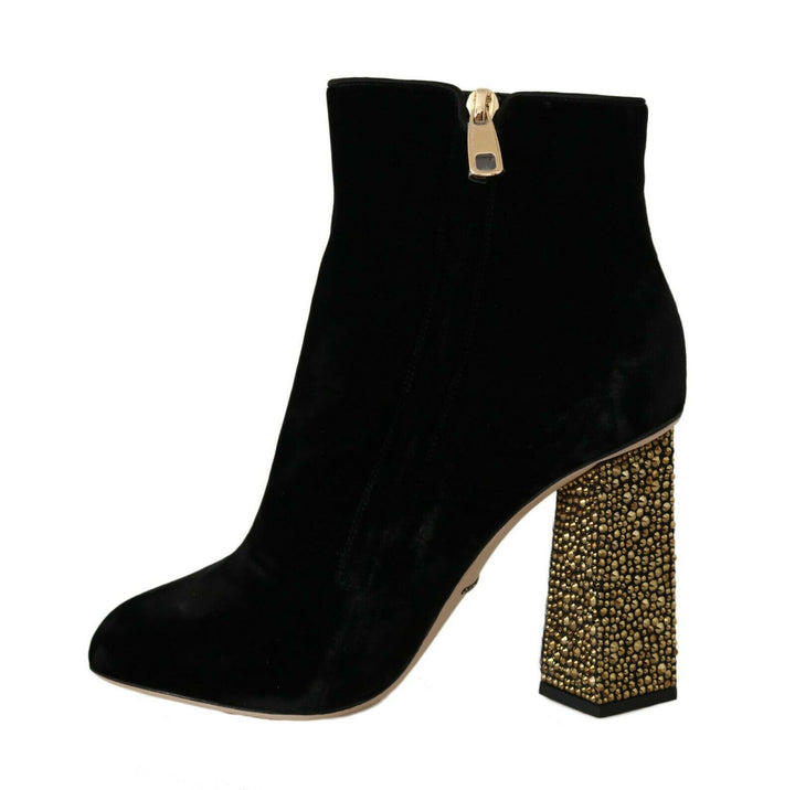 Elegant velvet ankle boots with crystal heels