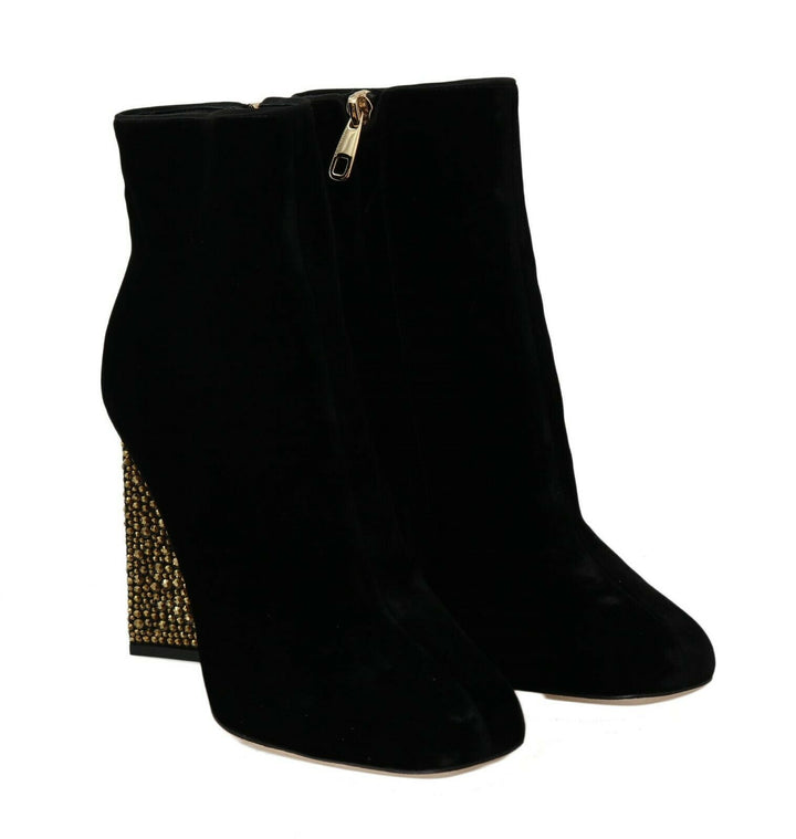 Elegant velvet ankle boots with crystal heels