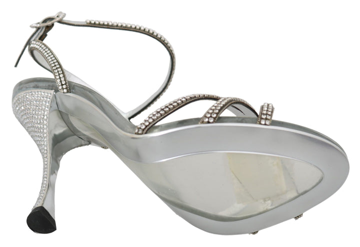 Silver leather ankle strap sandals with crystals