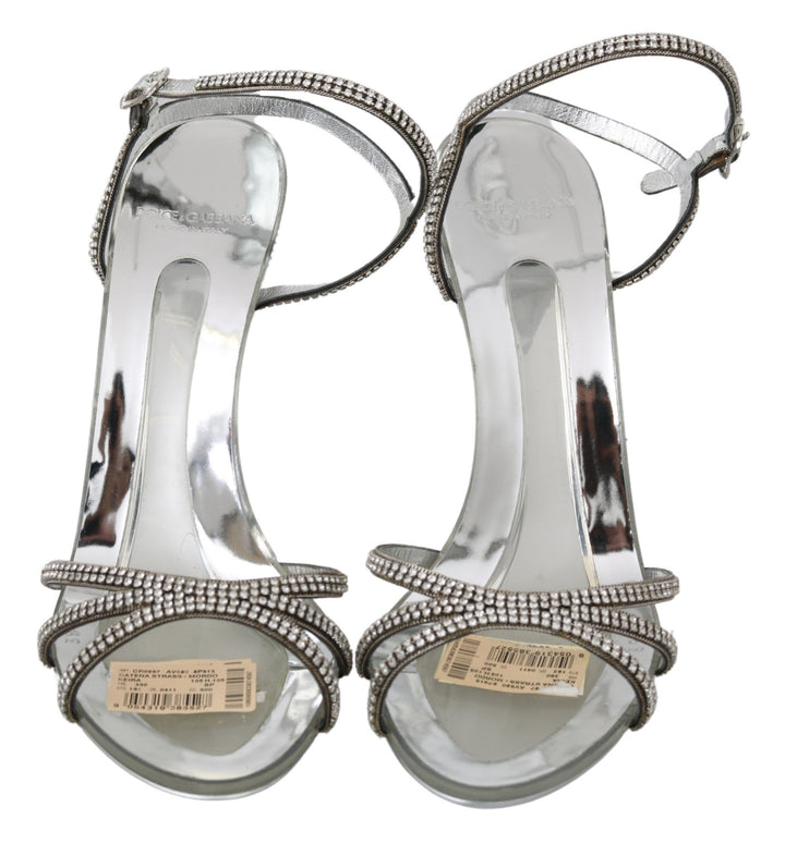 Silver leather ankle strap sandals with crystals