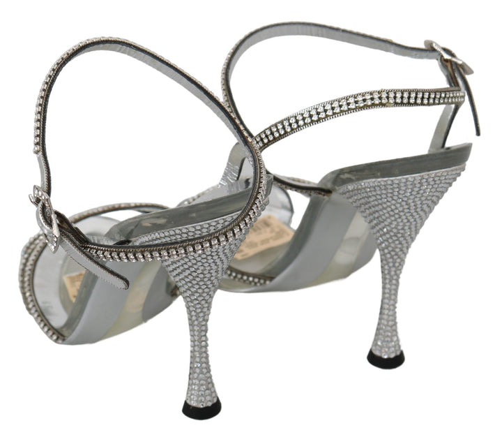 Silver leather ankle strap sandals with crystals