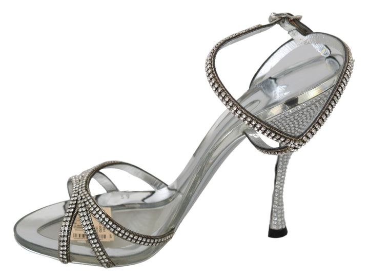 Silver leather ankle strap sandals with crystals