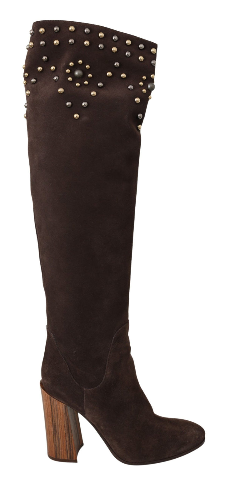 Braunes Wildleder Nieten Kniehohe Schuhe Stiefel