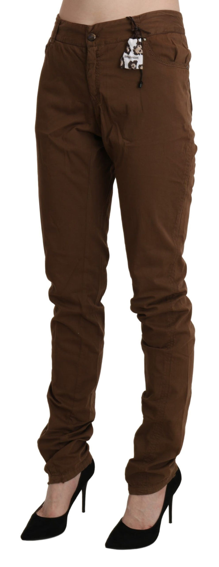 Braune Skinny-Hose mit hoher Taille aus Baumwolle
