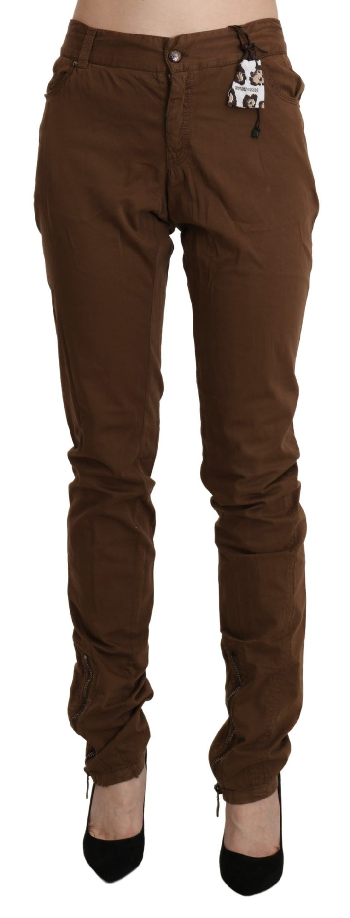 Braune Skinny-Hose mit hoher Taille aus Baumwolle