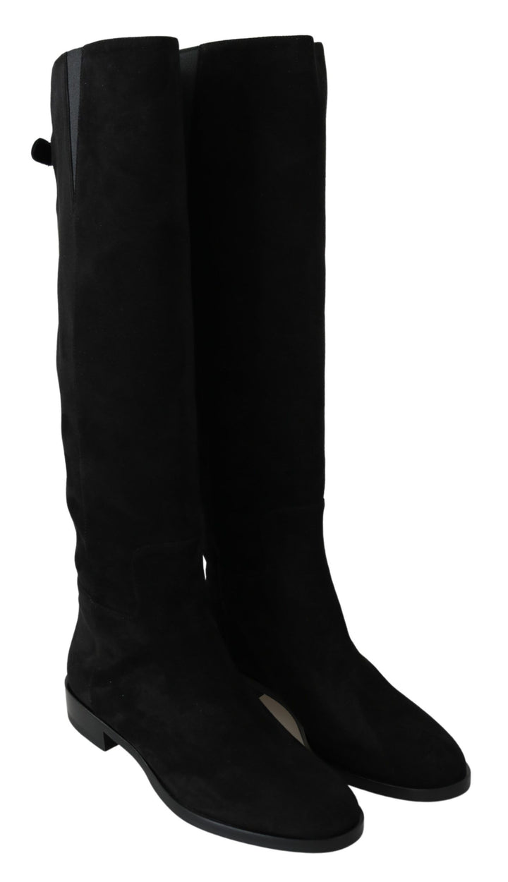 Schwarze kniehohe flache Wildlederstiefel Schuhe