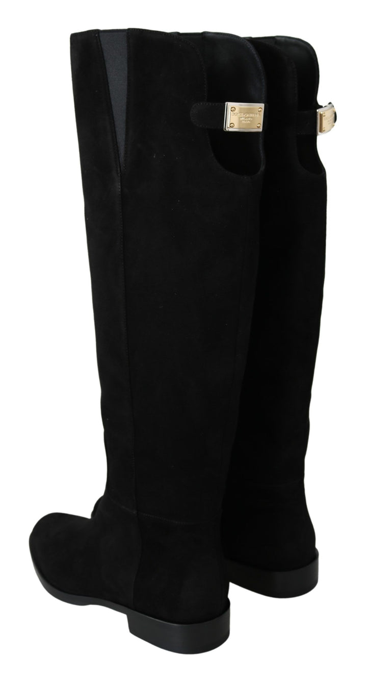 Schwarze kniehohe flache Wildlederstiefel Schuhe