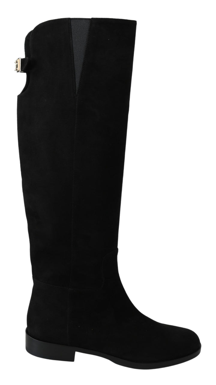 Schwarze kniehohe flache Wildlederstiefel Schuhe