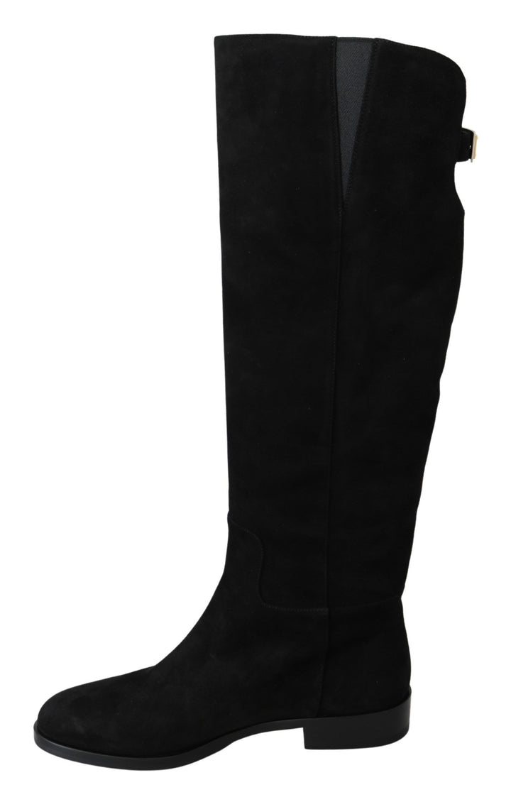 Schwarze kniehohe flache Wildlederstiefel Schuhe