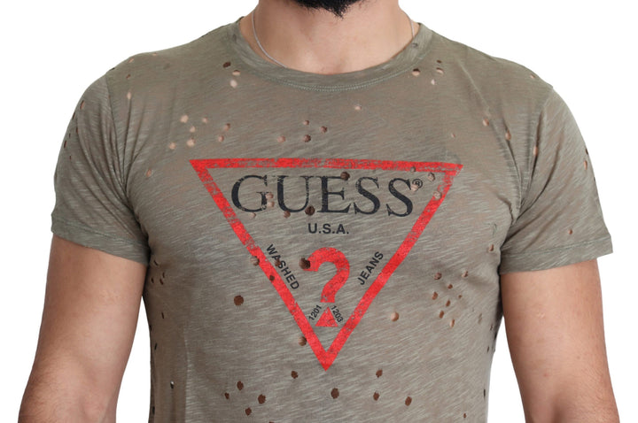 Braunes Baumwoll-Stretch-T-Shirt mit Logodruck für Männer Casual Perforated T-Shirt