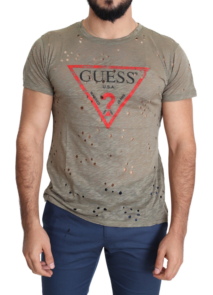 Braunes Baumwoll-Stretch-T-Shirt mit Logodruck für Männer Casual Perforated T-Shirt