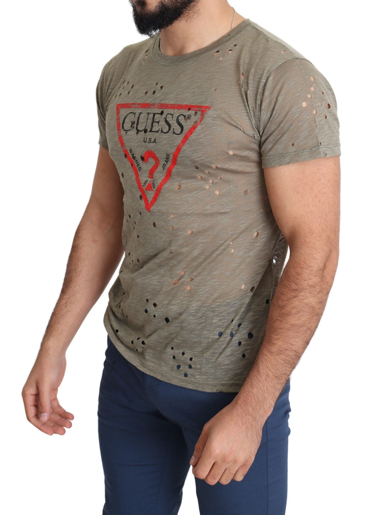 Braunes Baumwoll-Stretch-T-Shirt mit Logodruck für Männer Casual Perforated T-Shirt