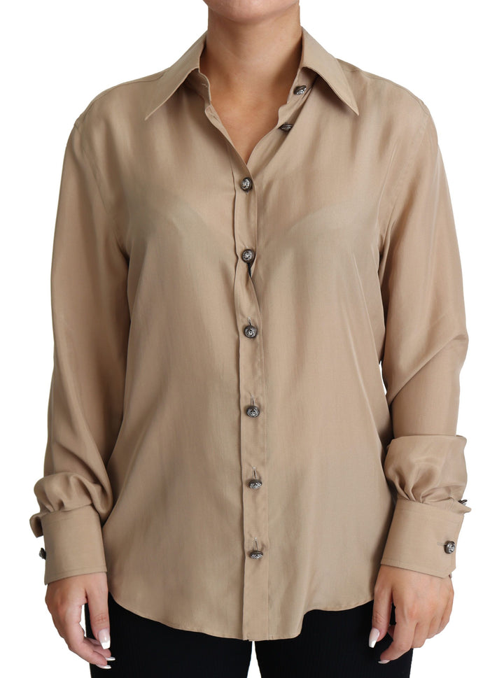 Beige Seidenhemd Dekorative Knöpfe Top