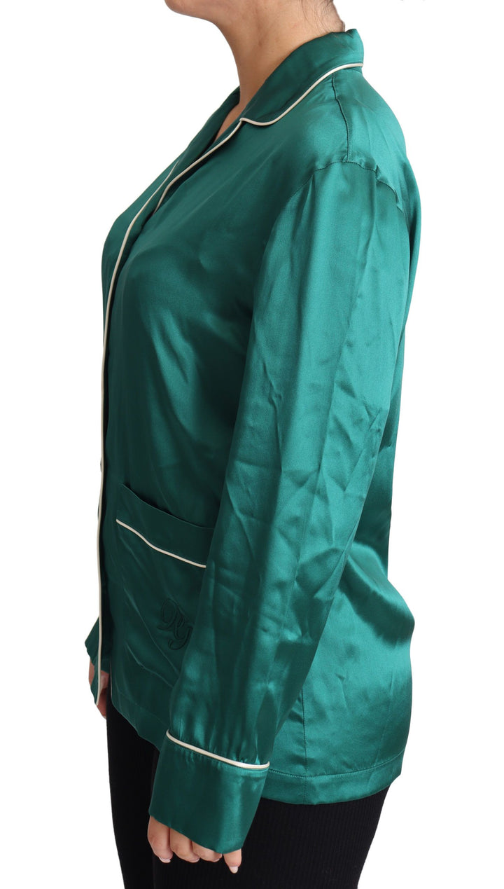 Grüner Pyjama Bluse Seide Lounge Nachtwäsche Top