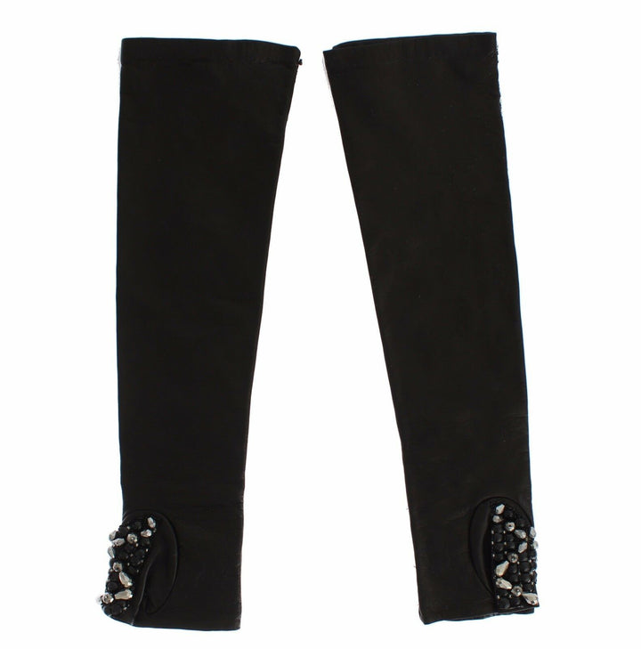 Schwarze Leder Kristall Perlen Finger frei Handschuhe
