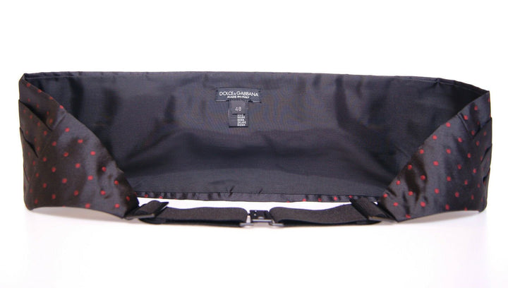 Elegant black silk cummerbund with red polka dots