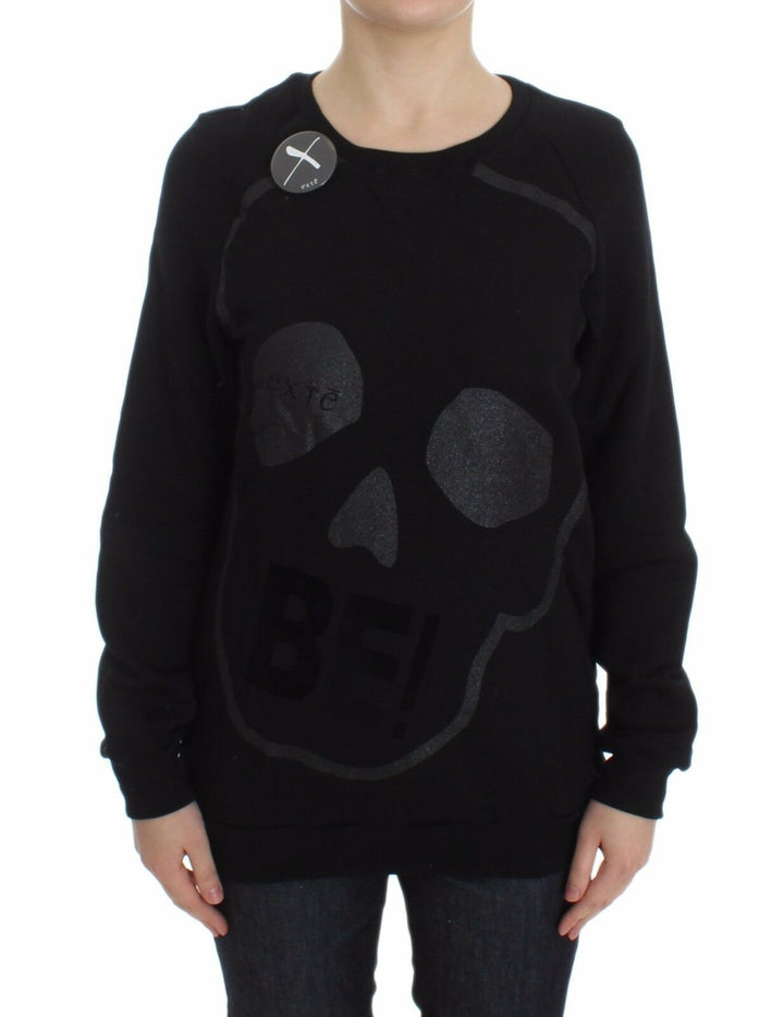 Schwarzer Baumwollmotiv-Pullover mit Rundhalsausschnitt