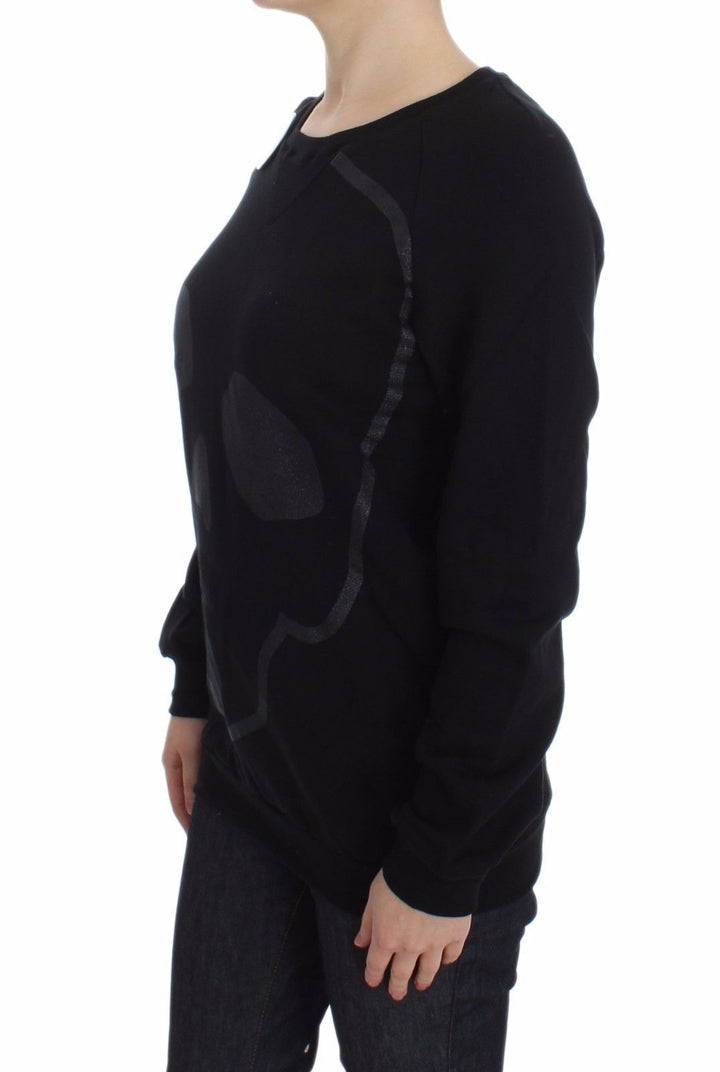 Schwarzer Baumwollmotiv-Pullover mit Rundhalsausschnitt