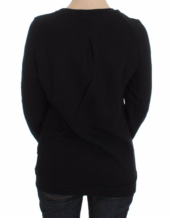 Schwarzer Baumwollmotiv-Pullover mit Rundhalsausschnitt