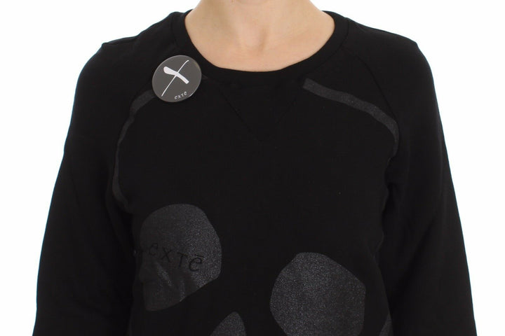 Schwarzer Baumwollmotiv-Pullover mit Rundhalsausschnitt
