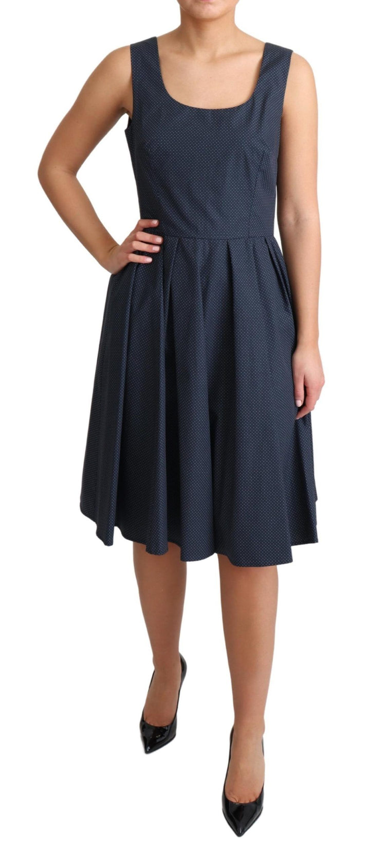 Blaues gepunktetes A-Linien-Kleid aus Baumwolle