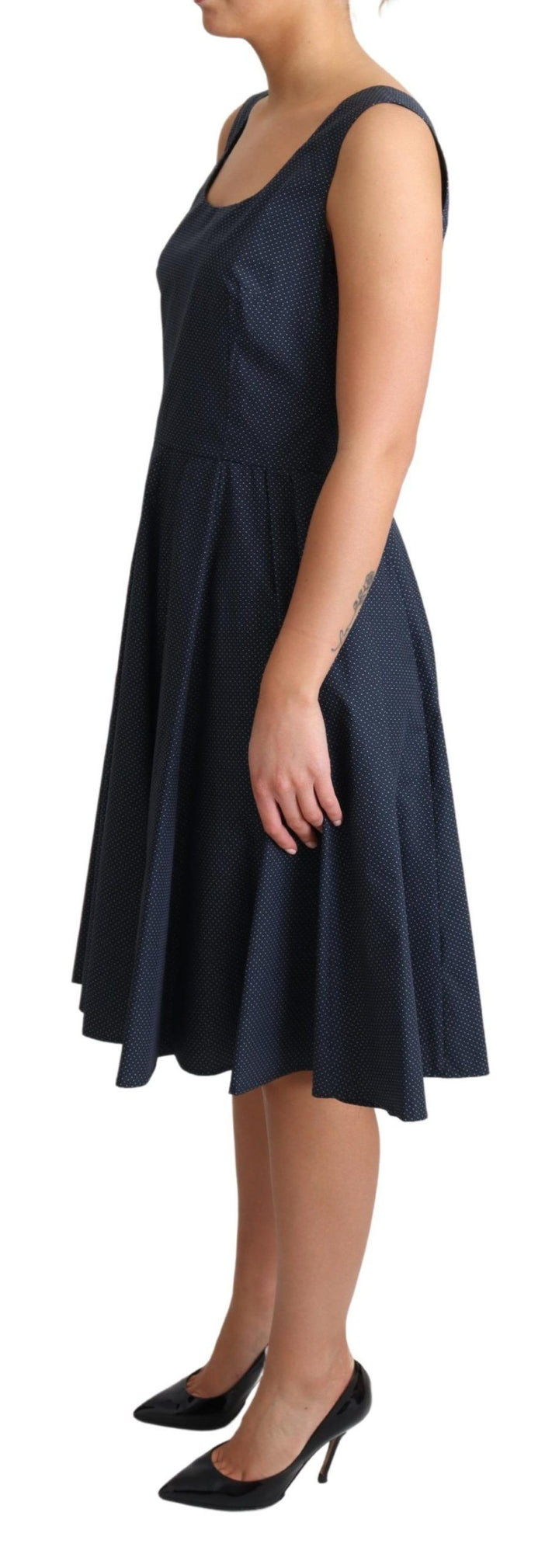 Blaues gepunktetes A-Linien-Kleid aus Baumwolle