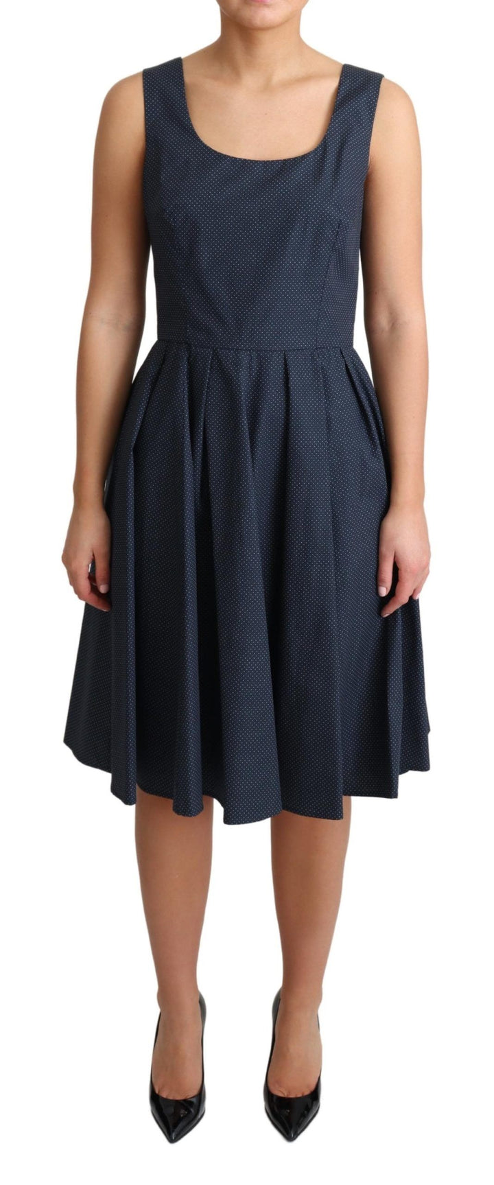 Blaues gepunktetes A-Linien-Kleid aus Baumwolle