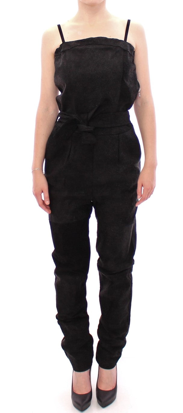 Elegant black leather jumpsuit with waist straps