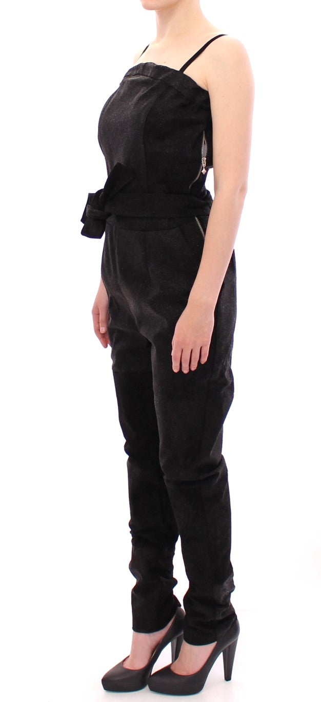 Elegant black leather jumpsuit with waist straps
