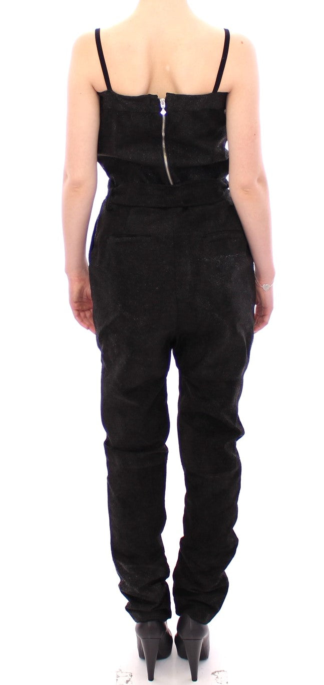 Elegant black leather jumpsuit with waist straps