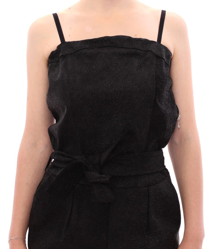 Elegant black leather jumpsuit with waist straps