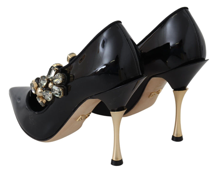 Schwarz Leder Kristall Schuhe Mary Jane Pumps
