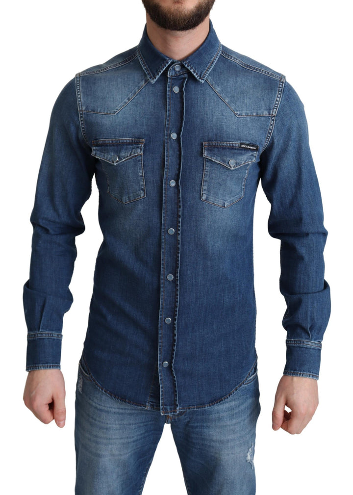 Blaues Baumwoll-Stretchhemd mit langen Ärmeln aus Denim