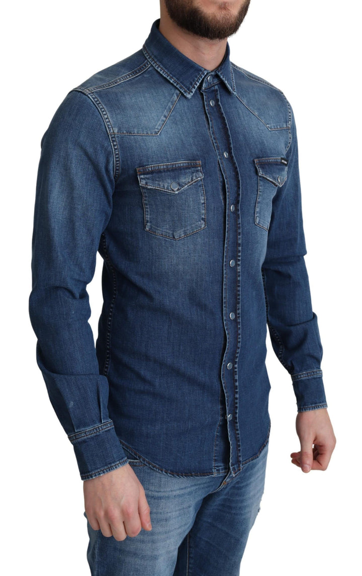 Blaues Baumwoll-Stretchhemd mit langen Ärmeln aus Denim