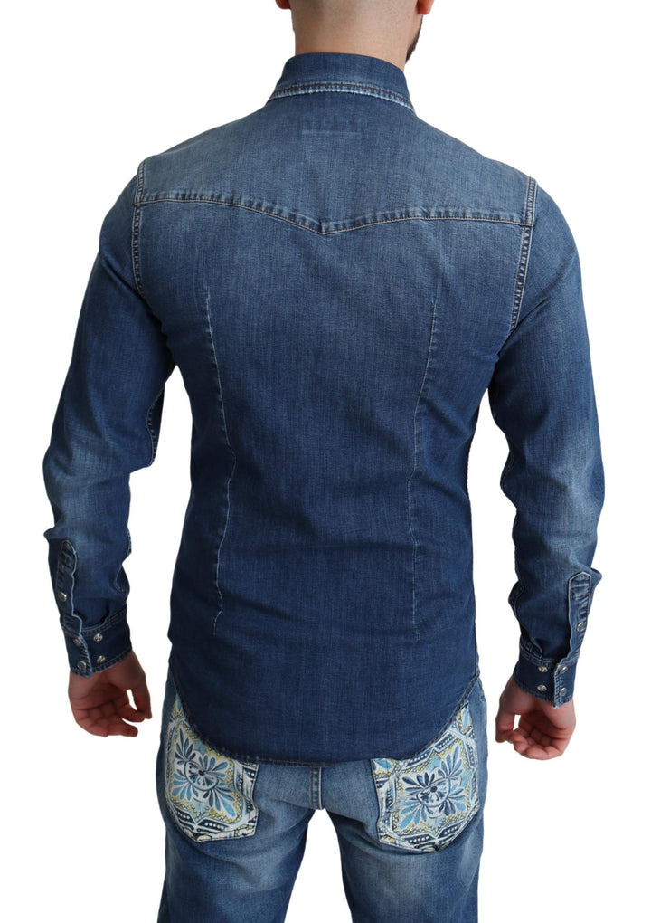 Blaues Baumwoll-Stretchhemd mit langen Ärmeln aus Denim