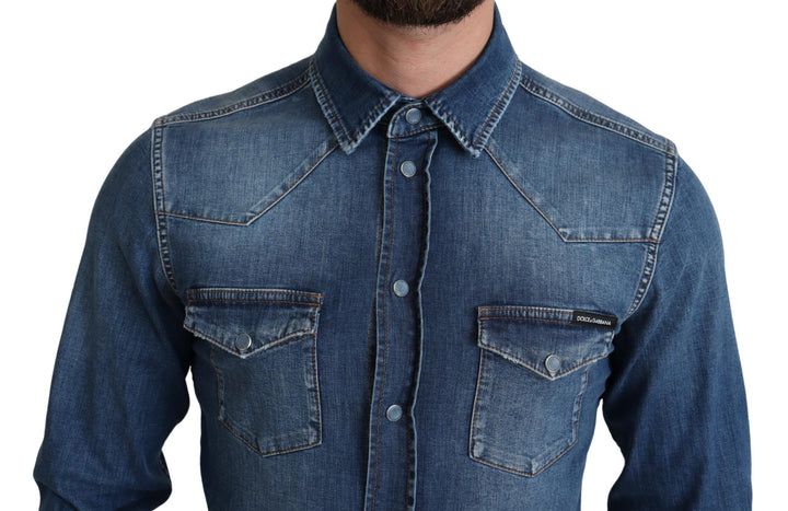 Blaues Baumwoll-Stretchhemd mit langen Ärmeln aus Denim