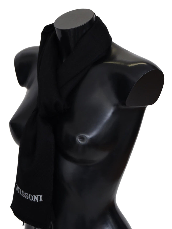 Schwarz 100% Wolle Unisex Hals Wrap Fransen Logo Schal