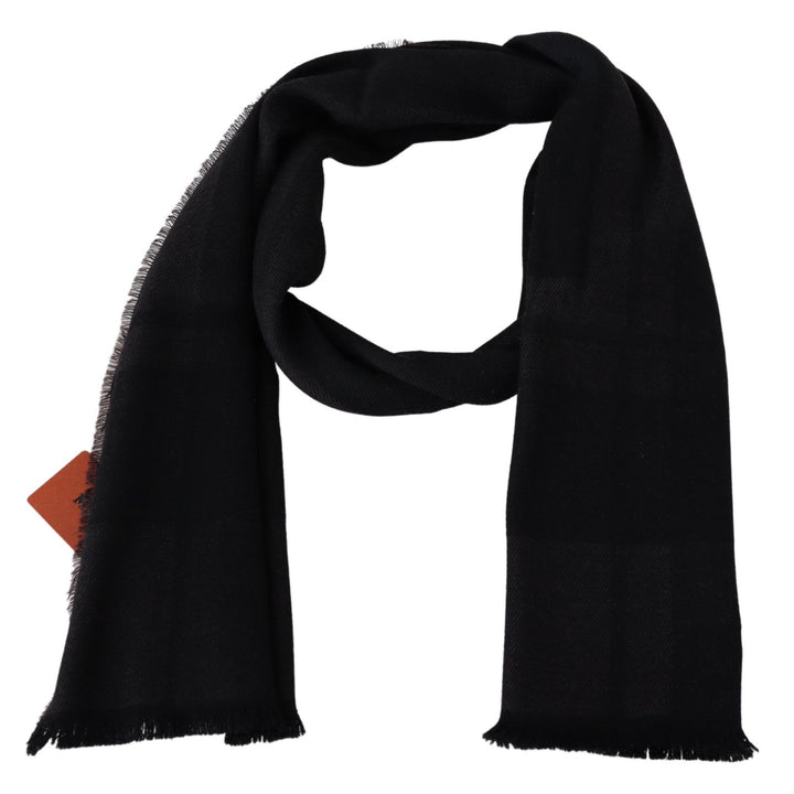 Elegant black wool scarf with logo embroidery