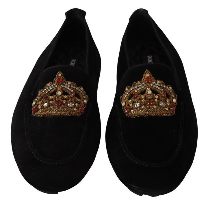 Elegant black leather slippers with gold embroidery