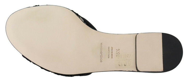 Schwarz Taormina Spitze Slides Kristalle Flats Schuhe