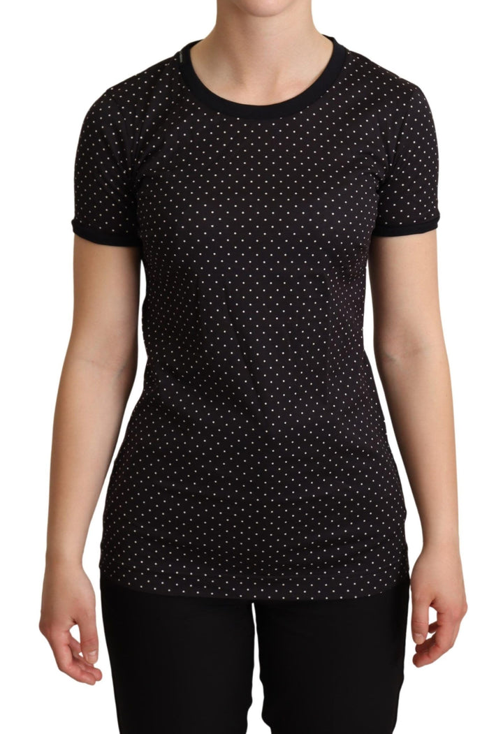 Black short-sleeved crewneck top with polka dots